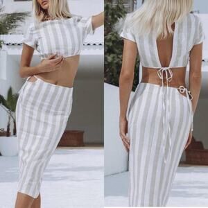 Lioness Fazio Skirt Set Tee Shirt Pinstripe Neutral Linen Nude White Size Medium